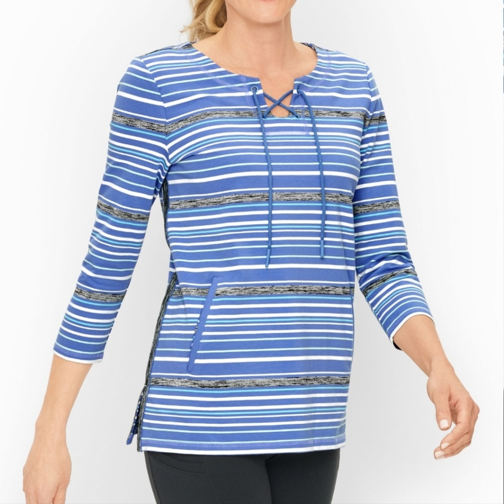Talbots Blue White Stripe Lace Up Pullover Top, Sz S